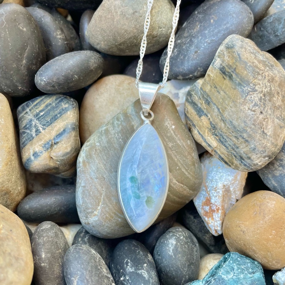 😵Small 1” Rainbow Moonstone Pendant Sterling Silver 925 Diamond drop blue flash